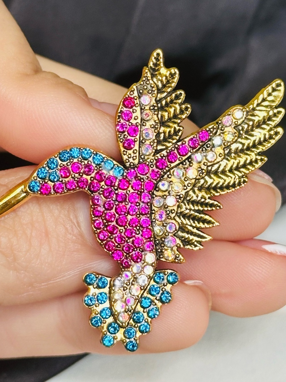 NEW! Gold Hummingbird Brooch with Pink, Blue and Clear Crystals